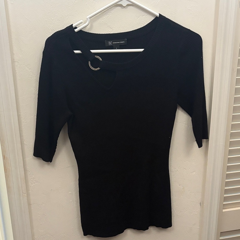 INC International Concepts Black Sweater with Ring Accent